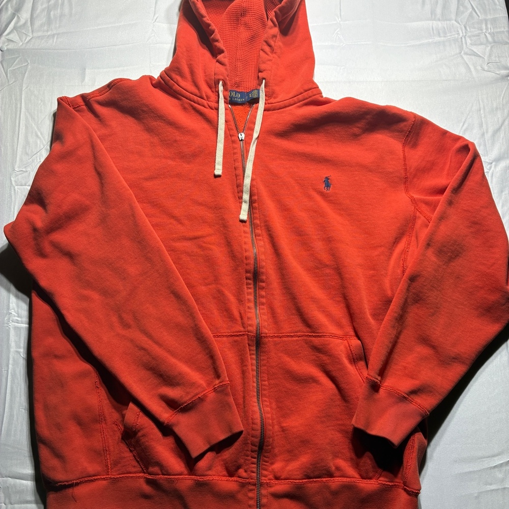 Polo Ralph Lauren Hoodie Mens XL Orange Full Zip Fleece Pony Logo READ